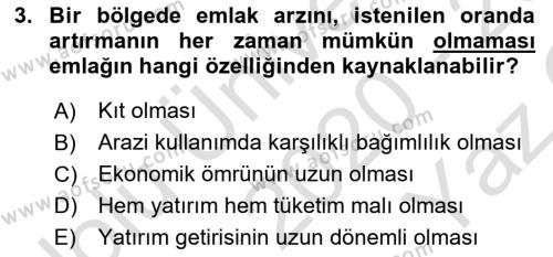 Emlak Yönetimi ve Pazarlaması Dersi 2020 - 2021 Yılı Yaz Okulu Sınavı 3. Soru