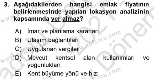 Emlak Yönetimi ve Pazarlaması Dersi 2021 - 2022 Yılı (Final) Dönem Sonu Sınavı 3. Soru