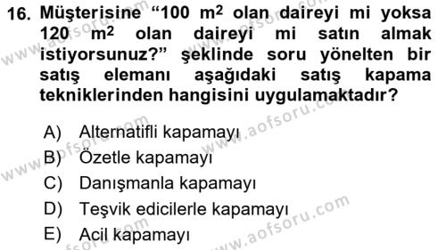 Emlak Yönetimi ve Pazarlaması Dersi 2021 - 2022 Yılı Yaz Okulu Sınavı 16. Soru