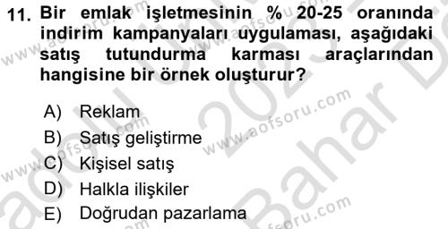 Emlak Yönetimi ve Pazarlaması Dersi 2023 - 2024 Yılı (Vize) Ara Sınavı 11. Soru