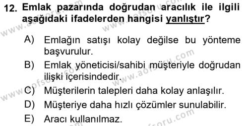 Emlak Yönetimi ve Pazarlaması Dersi 2023 - 2024 Yılı (Vize) Ara Sınavı 12. Soru