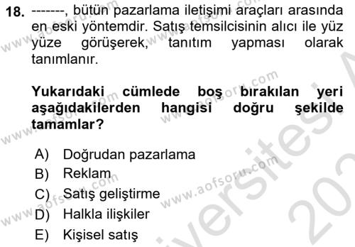 Emlak Yönetimi ve Pazarlaması Dersi 2023 - 2024 Yılı (Vize) Ara Sınavı 18. Soru