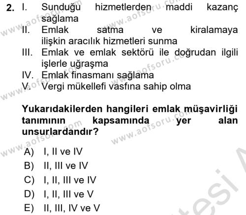 Emlak Yönetimi ve Pazarlaması Dersi 2023 - 2024 Yılı (Vize) Ara Sınavı 2. Soru