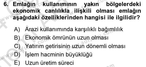 Emlak Yönetimi ve Pazarlaması Dersi 2023 - 2024 Yılı (Vize) Ara Sınavı 6. Soru