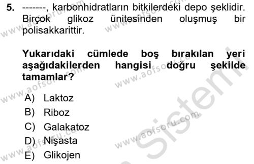 Genel Beslenme Dersi 2020 - 2021 Yılı Yaz Okulu Sınavı 5. Soru