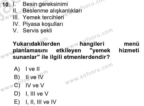 Genel Beslenme Dersi 2022 - 2023 Yılı Yaz Okulu Sınavı 10. Soru