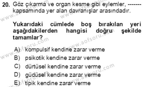 Çocuk ve Ergen Bakımı Dersi 2020 - 2021 Yılı Yaz Okulu Sınavı 20. Soru