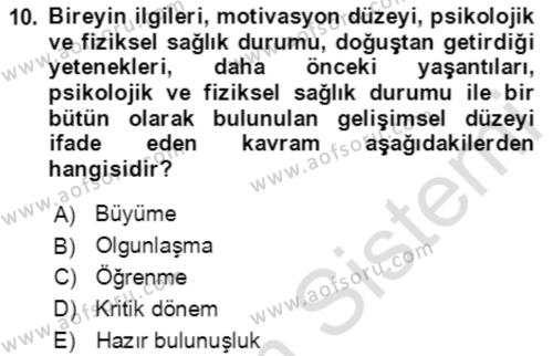 Çocuk ve Ergen Bakımı Dersi 2021 - 2022 Yılı Yaz Okulu Sınavı 10. Soru