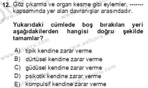 Çocuk ve Ergen Bakımı Dersi 2021 - 2022 Yılı Yaz Okulu Sınavı 12. Soru