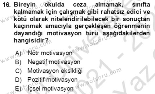 Çocuk ve Ergen Bakımı Dersi 2021 - 2022 Yılı Yaz Okulu Sınavı 16. Soru