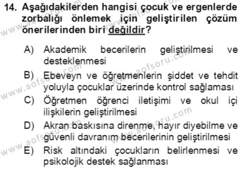 Çocuk ve Ergen Bakımı Dersi 2022 - 2023 Yılı Yaz Okulu Sınavı 14. Soru