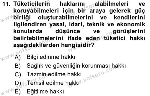 Tüketim Bilinci ve Bilinçli Tüketici Dersi 2016 - 2017 Yılı (Final) Dönem Sonu Sınavı 11. Soru