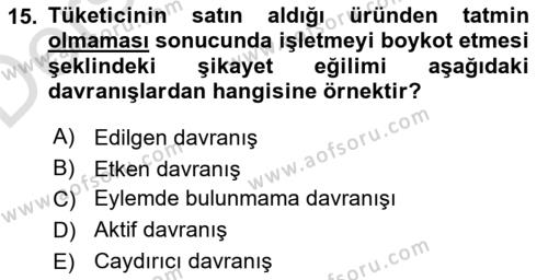 Tüketim Bilinci ve Bilinçli Tüketici Dersi 2018 - 2019 Yılı 3 Ders Sınavı 15. Soru