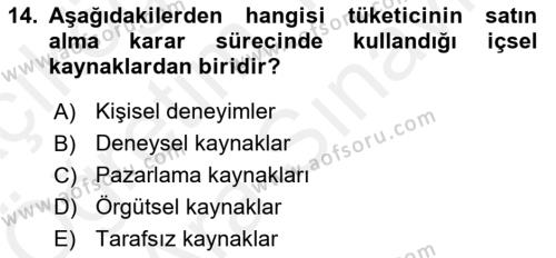 Tüketim Bilinci ve Bilinçli Tüketici Dersi 2018 - 2019 Yılı (Vize) Ara Sınavı 14. Soru