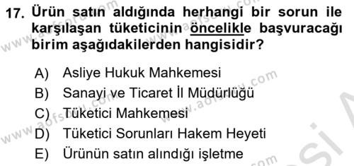 Tüketim Bilinci ve Bilinçli Tüketici Dersi 2021 - 2022 Yılı (Final) Dönem Sonu Sınavı 17. Soru