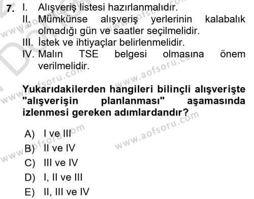 Tüketim Bilinci ve Bilinçli Tüketici Dersi 2021 - 2022 Yılı (Final) Dönem Sonu Sınavı 7. Soru