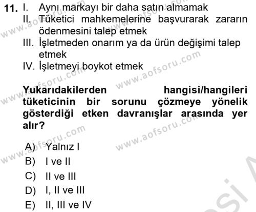 Tüketim Bilinci ve Bilinçli Tüketici Dersi 2021 - 2022 Yılı Yaz Okulu Sınavı 11. Soru