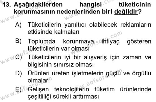 Tüketim Bilinci ve Bilinçli Tüketici Dersi 2021 - 2022 Yılı Yaz Okulu Sınavı 13. Soru