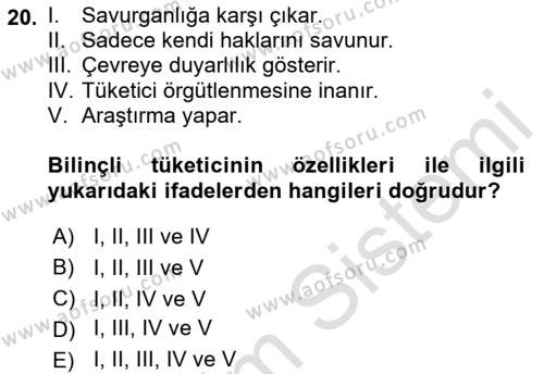 Tüketim Bilinci ve Bilinçli Tüketici Dersi 2021 - 2022 Yılı Yaz Okulu Sınavı 20. Soru