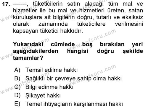 Tüketim Bilinci ve Bilinçli Tüketici Dersi 2023 - 2024 Yılı (Final) Dönem Sonu Sınavı 17. Soru