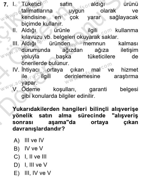 Tüketim Bilinci ve Bilinçli Tüketici Dersi 2023 - 2024 Yılı (Final) Dönem Sonu Sınavı 7. Soru