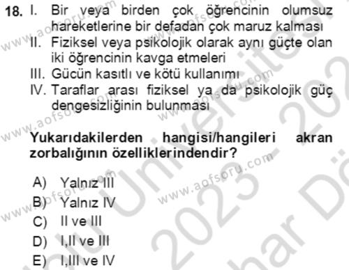 Aile Psikolojisi ve Eğitimi Dersi 2023 - 2024 Yılı (Vize) Ara Sınavı 18. Soru