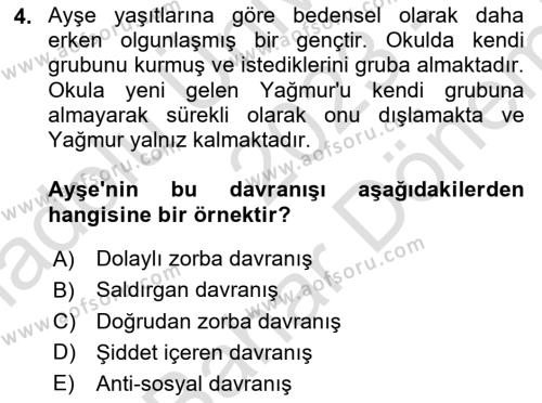 Aile Psikolojisi ve Eğitimi Dersi 2023 - 2024 Yılı (Final) Dönem Sonu Sınavı 4. Soru