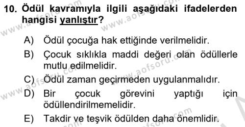 Aile Psikolojisi ve Eğitimi Dersi 2023 - 2024 Yılı Yaz Okulu Sınavı 10. Soru