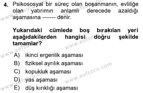 Aile Psikolojisi ve Eğitimi Dersi 2023 - 2024 Yılı Yaz Okulu Sınavı 4. Soru