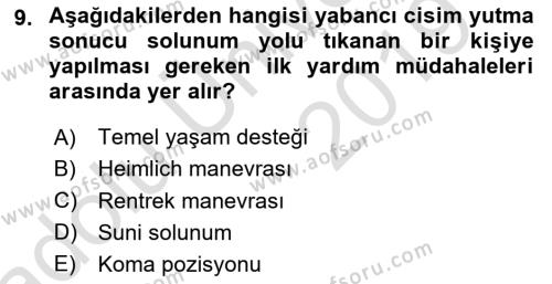 Aile Sağlığı Dersi 2018 - 2019 Yılı 3 Ders Sınavı 9. Soru