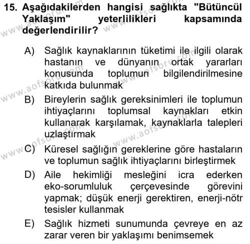 Aile Sağlığı Dersi 2023 - 2024 Yılı (Vize) Ara Sınavı 15. Soru