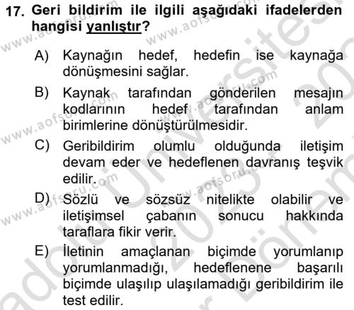 Aile Sağlığı Dersi 2023 - 2024 Yılı (Final) Dönem Sonu Sınavı 17. Soru