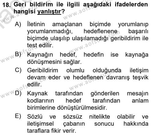 Aile Sağlığı Dersi 2023 - 2024 Yılı Yaz Okulu Sınavı 18. Soru