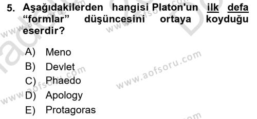 İlkçağ Felsefesi Dersi 2023 - 2024 Yılı (Final) Dönem Sonu Sınavı 5. Soru