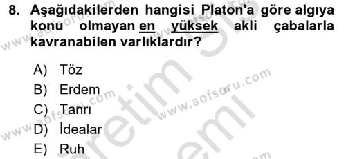 İlkçağ Felsefesi Dersi 2023 - 2024 Yılı (Final) Dönem Sonu Sınavı 8. Soru