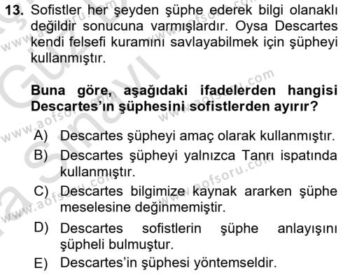 Epistemoloji Dersi 2019 - 2020 Yılı (Vize) Ara Sınavı 13. Soru