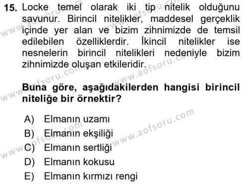 Epistemoloji Dersi 2019 - 2020 Yılı (Vize) Ara Sınavı 15. Soru