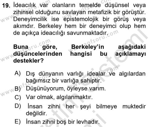 Epistemoloji Dersi 2019 - 2020 Yılı (Vize) Ara Sınavı 19. Soru