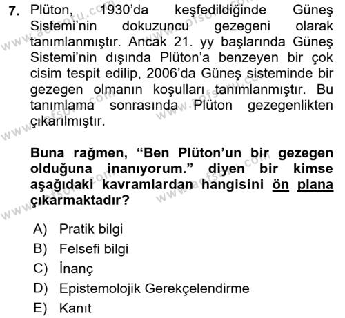 Epistemoloji Dersi 2019 - 2020 Yılı (Vize) Ara Sınavı 7. Soru