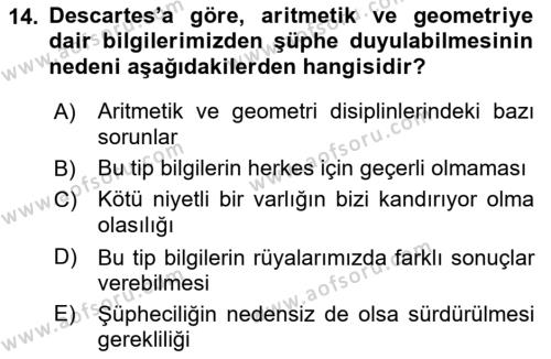 Epistemoloji Dersi 2021 - 2022 Yılı (Vize) Ara Sınavı 14. Soru