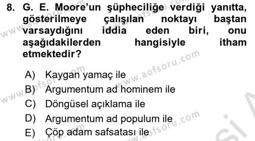 Epistemoloji Dersi 2021 - 2022 Yılı (Vize) Ara Sınavı 8. Soru