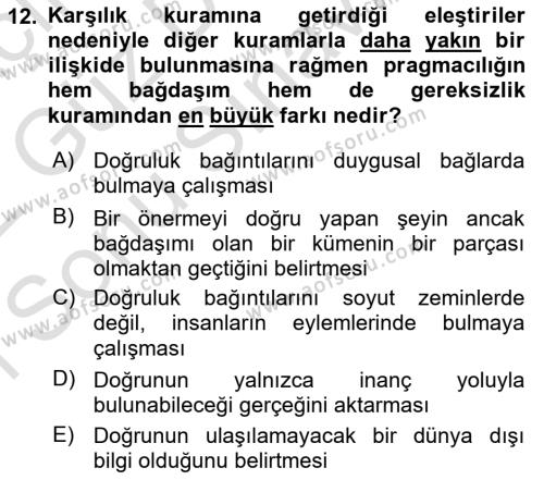 Epistemoloji Dersi 2021 - 2022 Yılı (Final) Dönem Sonu Sınavı 12. Soru