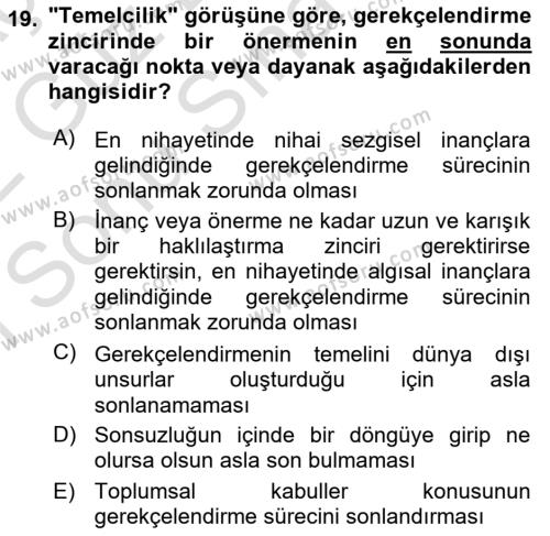 Epistemoloji Dersi 2021 - 2022 Yılı (Final) Dönem Sonu Sınavı 19. Soru