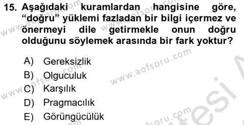 Epistemoloji Dersi 2021 - 2022 Yılı Yaz Okulu Sınavı 15. Soru