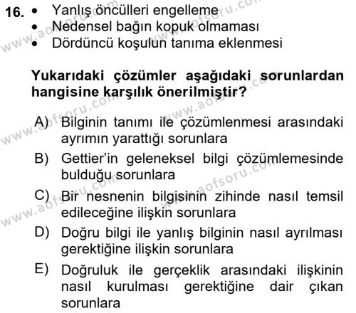 Epistemoloji Dersi 2022 - 2023 Yılı (Final) Dönem Sonu Sınavı 16. Soru