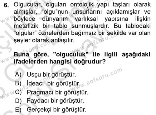 Epistemoloji Dersi 2022 - 2023 Yılı (Final) Dönem Sonu Sınavı 6. Soru