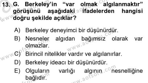 Epistemoloji Dersi 2023 - 2024 Yılı (Vize) Ara Sınavı 13. Soru