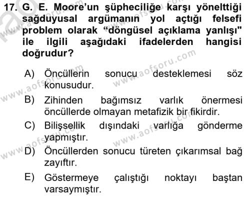 Epistemoloji Dersi 2023 - 2024 Yılı (Vize) Ara Sınavı 17. Soru