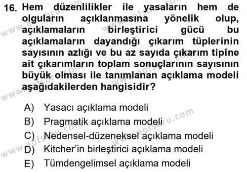 Bilim Felsefesi Dersi 2021 - 2022 Yılı (Vize) Ara Sınavı 16. Soru