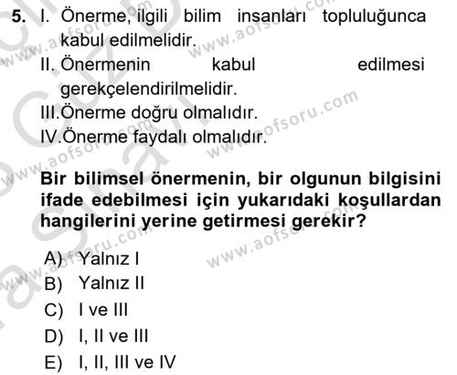 Bilim Felsefesi Dersi 2022 - 2023 Yılı (Vize) Ara Sınavı 5. Soru